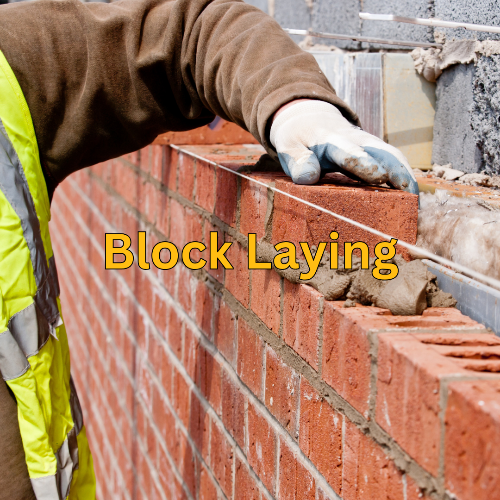 Person laying red bricks with 'Block Laying' text overlay