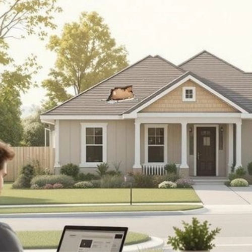 House with 'Insurance Quotes' text overlay, person using laptop in foreground