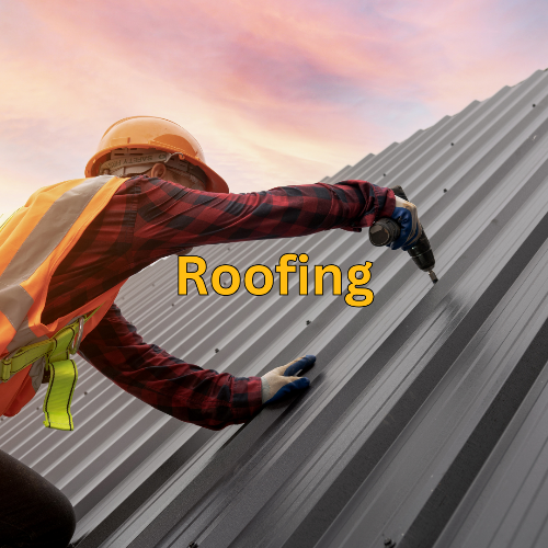 Person in roofing gear working on a roof with 'Roofing' text overlay.