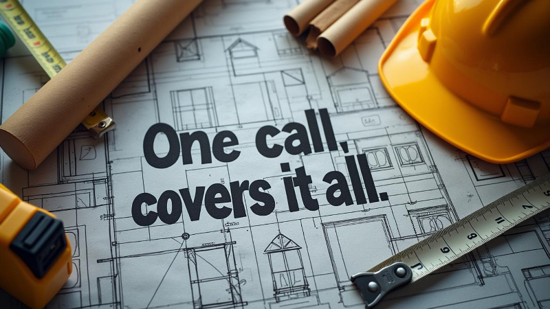 Construction tools and blueprint with text 'One call, covers it all.'