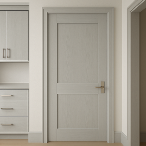 Gray door with gold handle in a room with gray cabinets and drawers.