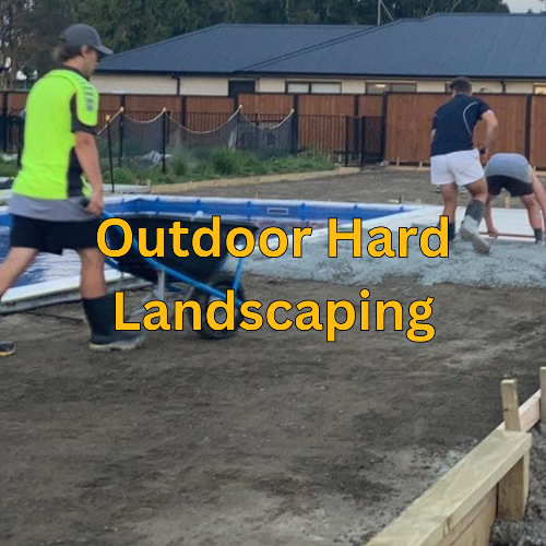Two people working on outdoor hard landscaping with text overlay.