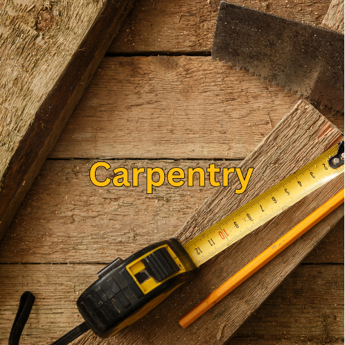 Carpentry tools including a tape measure and pencil on a wooden surface with the word 'Carpentry' displayed.