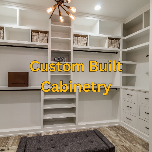 Custom built cabinetry with shelves and drawers in a well-lit room.