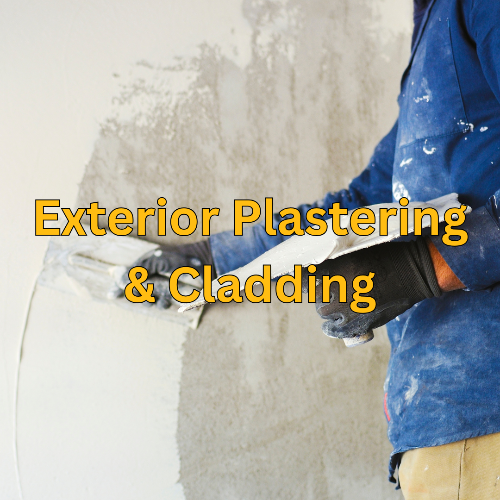 Person applying plaster to a wall with text 'Exterior Plastering & Cladding' in yellow.