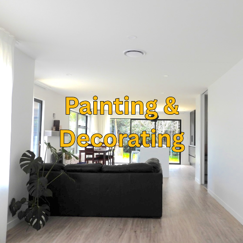 Living room with a black sofa and large windows, text overlay 'Painting & Decorating'.
