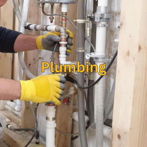 Person working on plumbing with text 'Plumbing' displayed