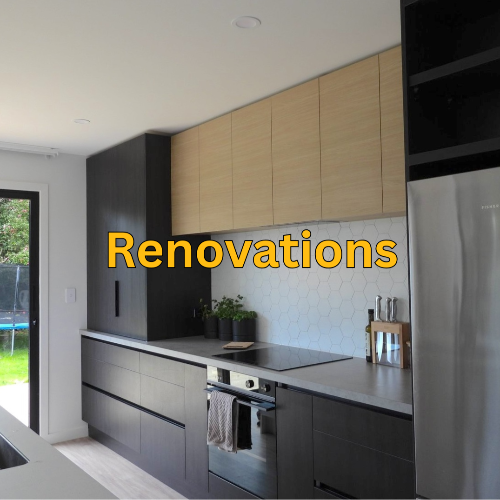 Modern kitchen with 'Renovations' text overlay