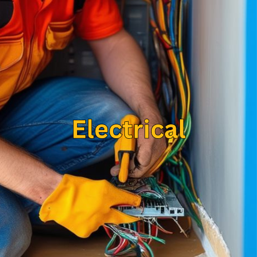 Person working with electrical wires and tools, wearing gloves and an orange safety vest.