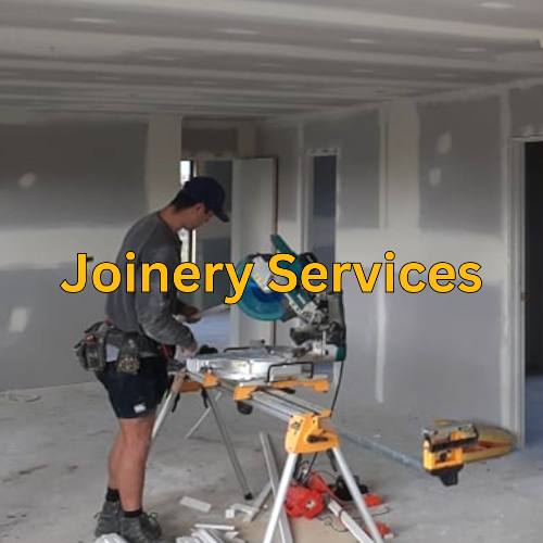 Person working with joinery tools in a room under construction, with 'Joinery Services' text overlay.